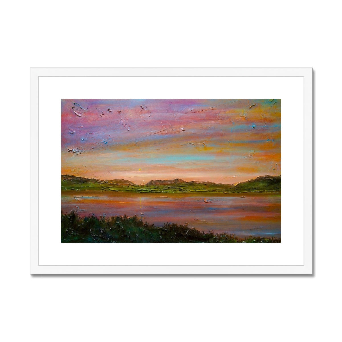Framed impasto sunset landscape over a lake from Gourock Golf Club Sunset Print