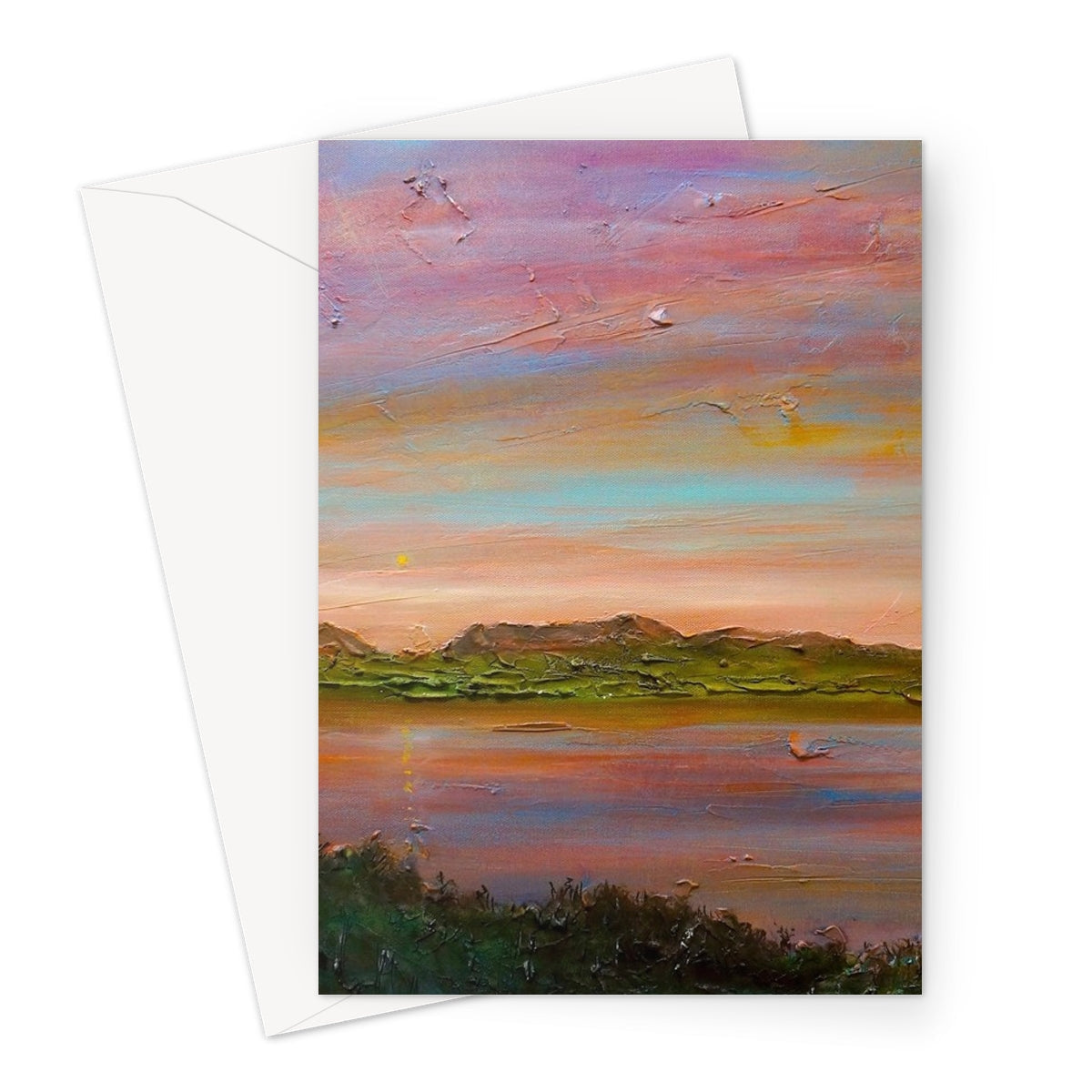 Oil painting of a vibrant sunset over a lake and mountains on a Gourock Golf Club greeting card