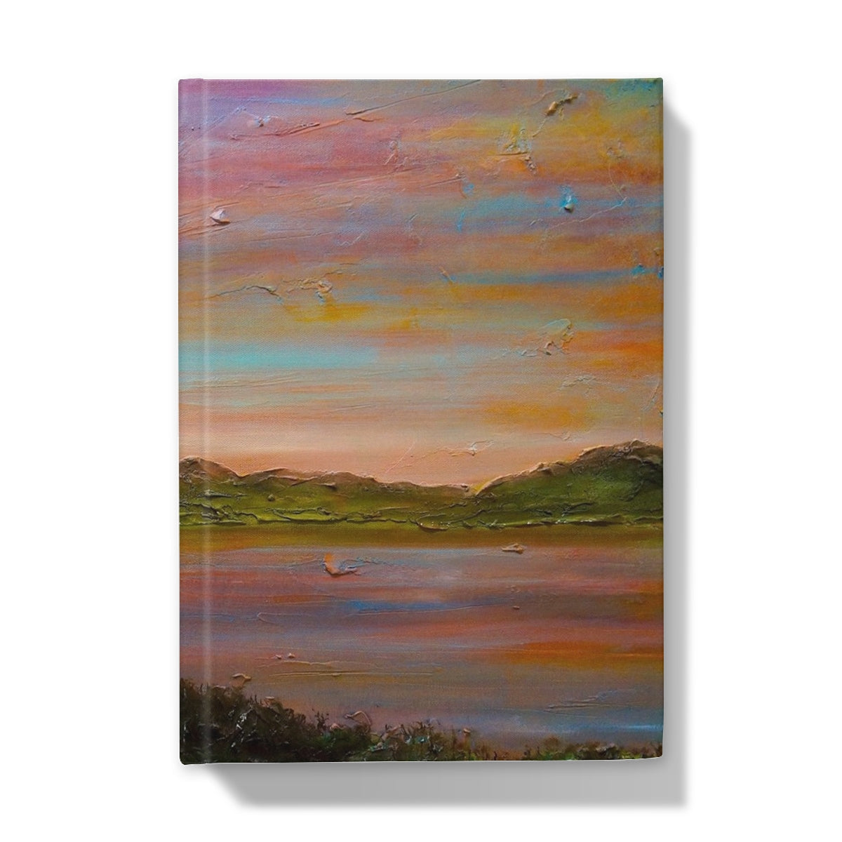Colorful landscape painting of sunset over lake and mountains on the Gourock Golf Club Journal