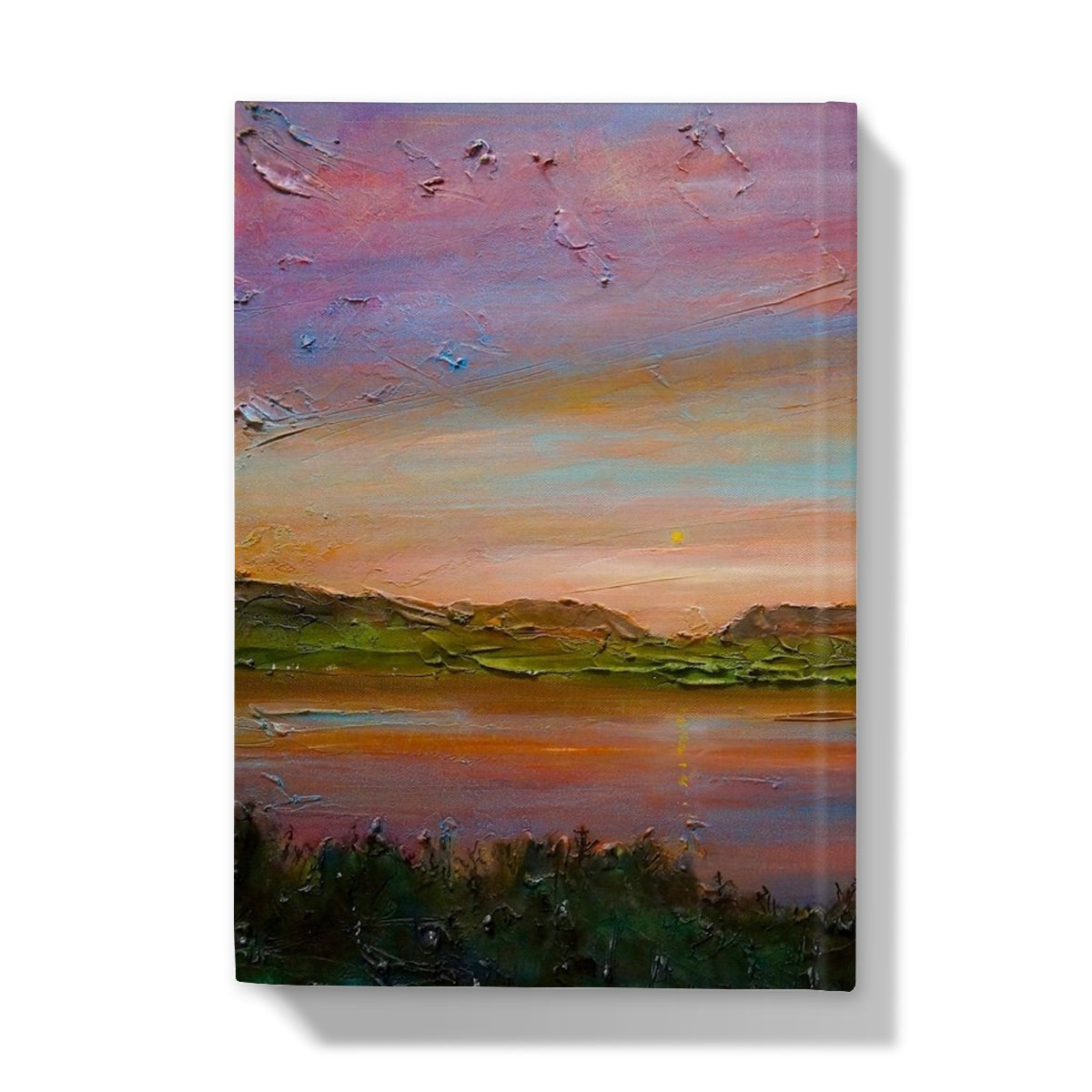 Textured oil painting of a sunset landscape with water and rolling hills on Gourock Golf Club journal