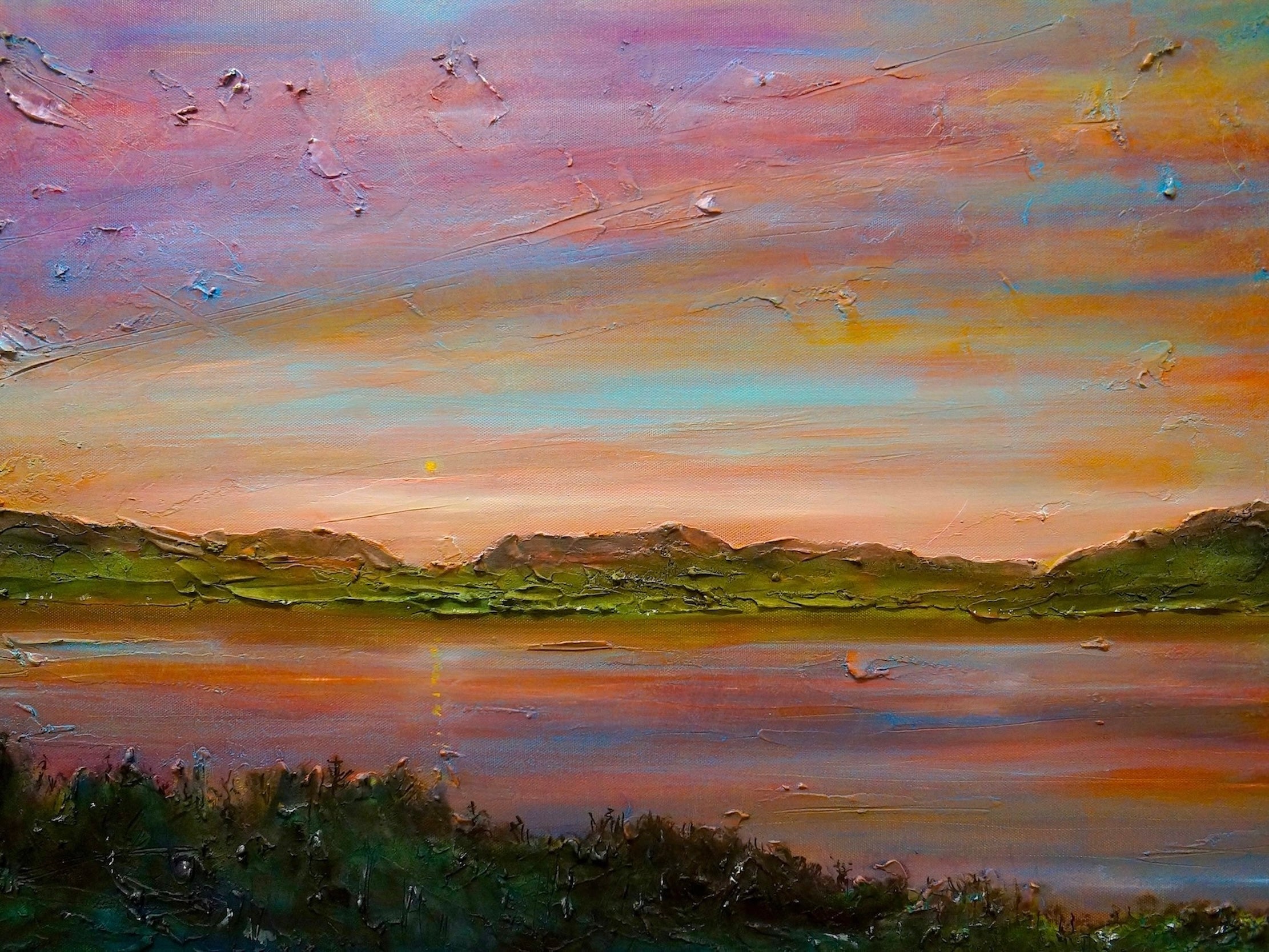 Textured oil painting of a sunset over a lake with mountains at Gourock Golf Club