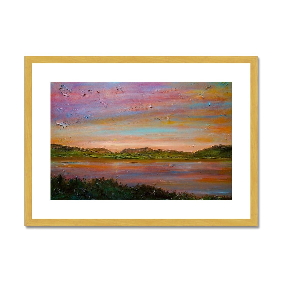 Gourock Golf Club Sunset Painting | Antique Framed & Mounted Prints From Scotland-Antique Framed & Mounted Prints-River Clyde Art Gallery-A2 Landscape-Gold Frame-Paintings, Prints, Homeware, Art Gifts From Scotland By Scottish Artist Kevin Hunter