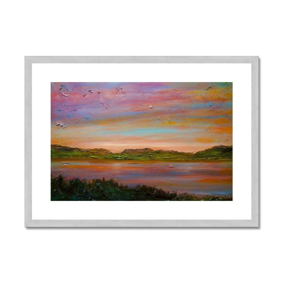 Gourock Golf Club Sunset Painting | Antique Framed & Mounted Prints From Scotland-Antique Framed & Mounted Prints-River Clyde Art Gallery-A2 Landscape-Silver Frame-Paintings, Prints, Homeware, Art Gifts From Scotland By Scottish Artist Kevin Hunter