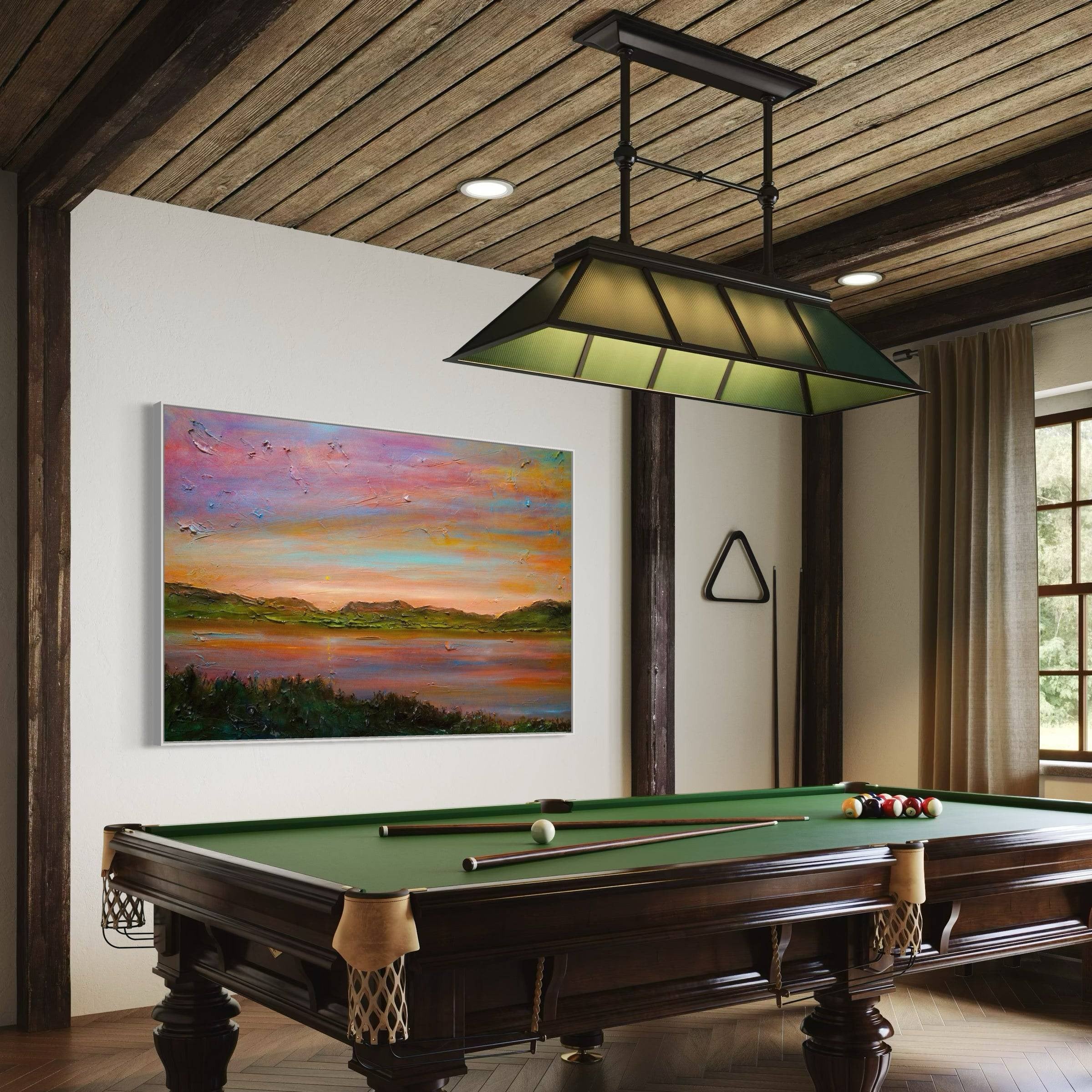 Dark wood billiard table with green felt surface at Gourock Golf Club Sunset Wall Art