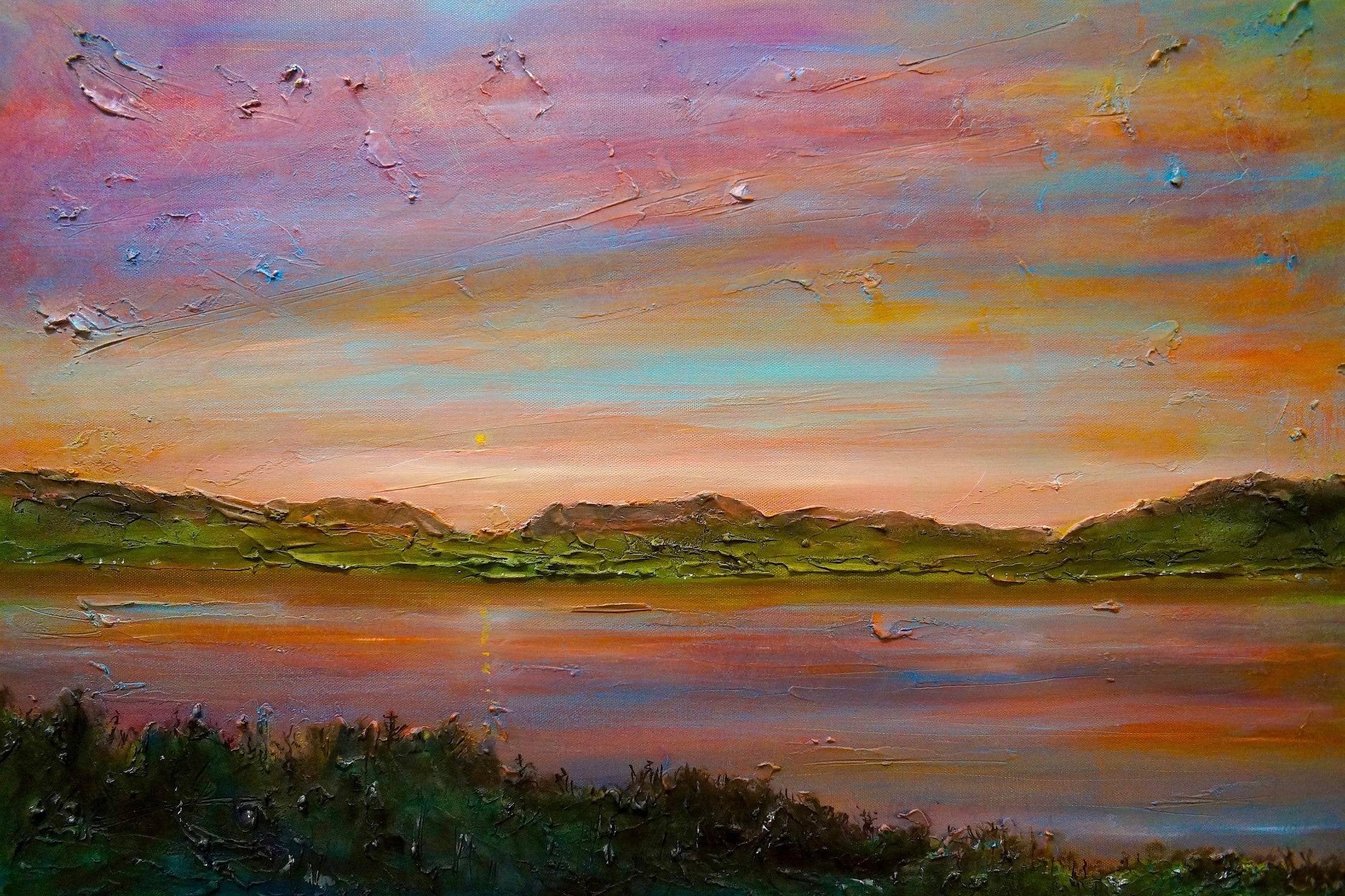 Impasto oil painting of a vibrant sunset over a lake and mountains for Gourock Golf Club Wall Art