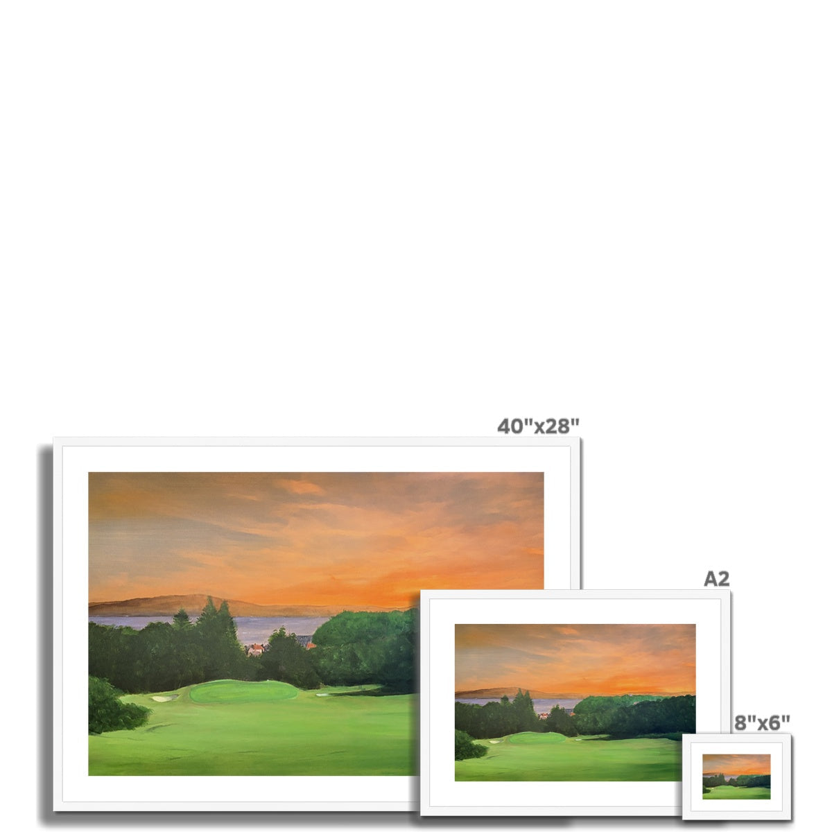 40x28 inch Gourock Golf Club Tower Hill framed print in white with sunset hues