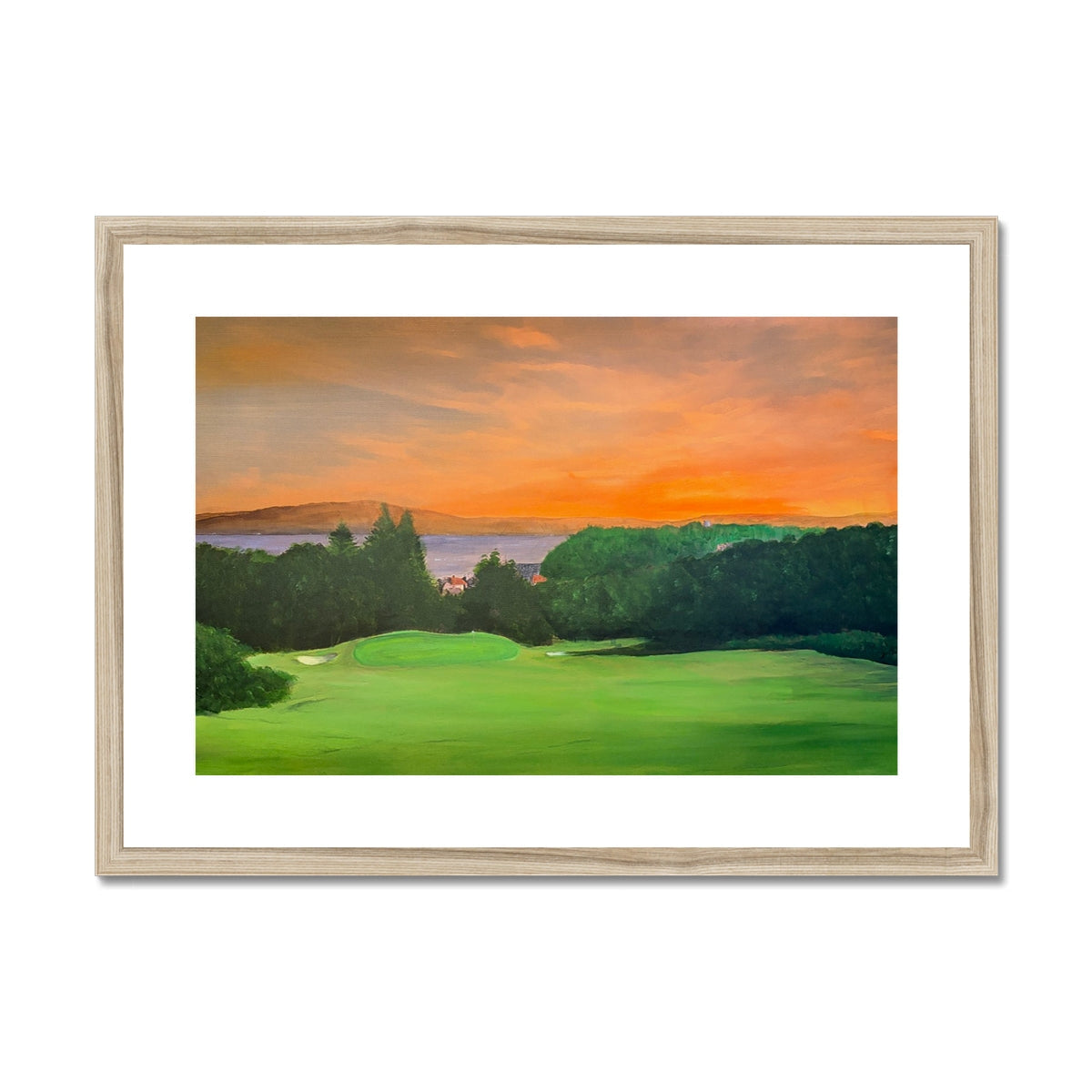 Gourock Golf Club Tower Hill wooden-framed print with green grass and orange sky