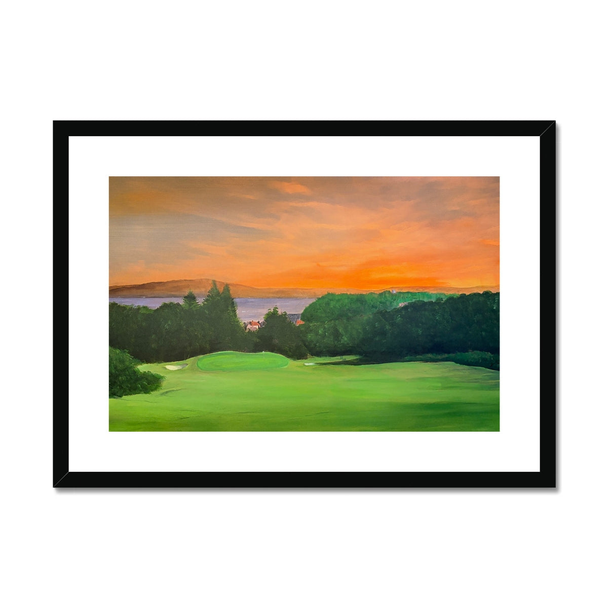 Gourock Golf Club Tower Hill green golf course art print with sunset sky