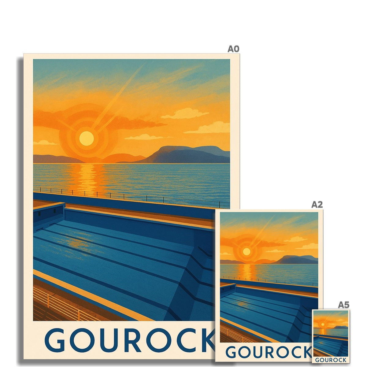 Gourock sunset poster with wooden deck and ocean view fine art print