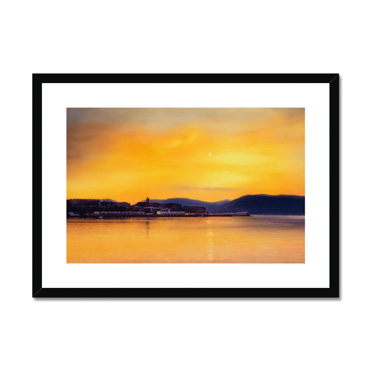 Yellow and orange Gourock Sunset from Cardwell Bay framed and mounted print with black frame
