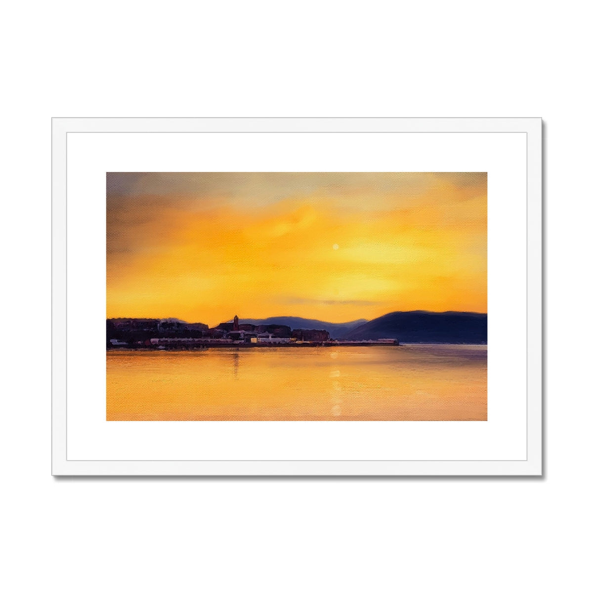 Yellow and orange sunset landscape poster with white frame for Gourock Sunset from Cardwell Bay print