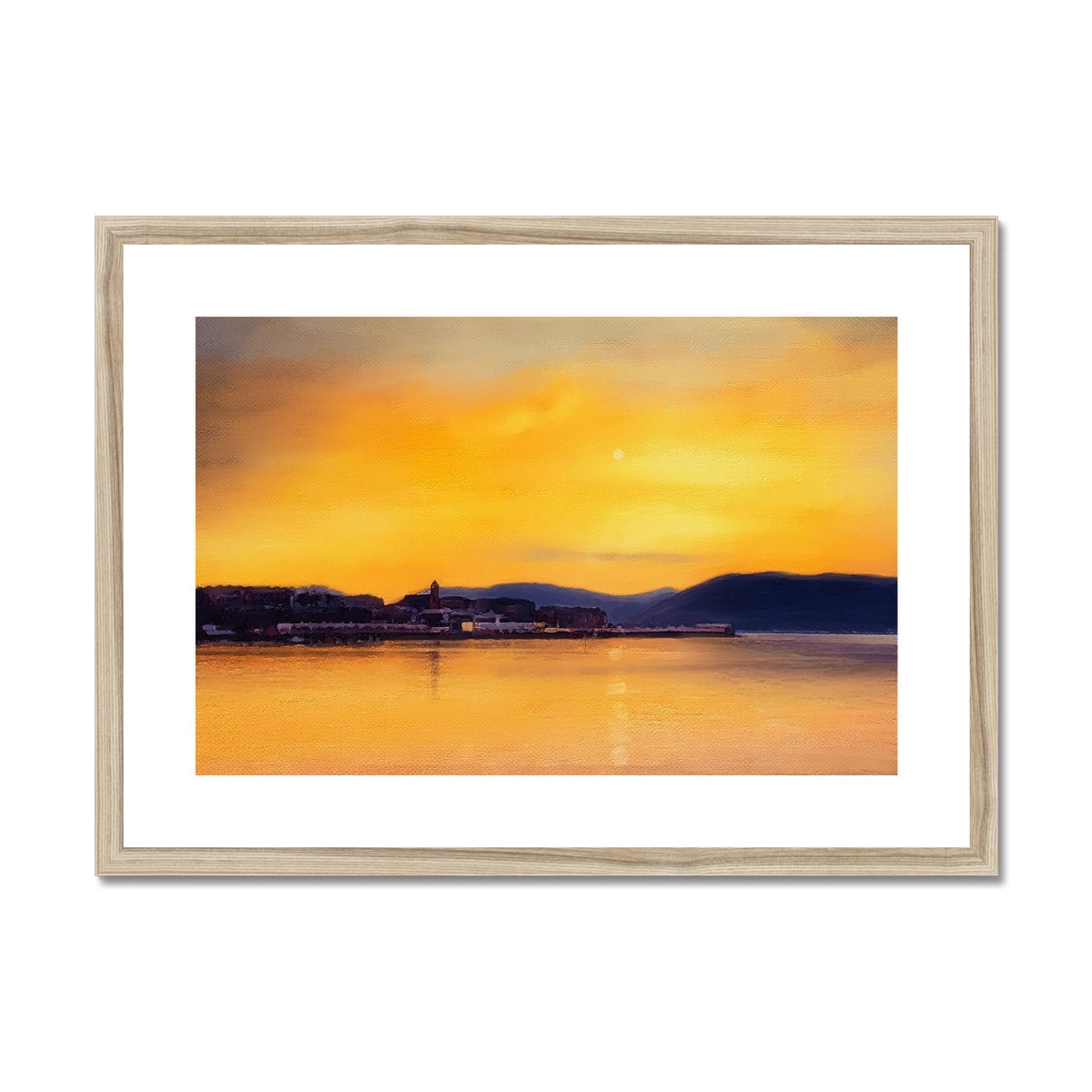 Wooden framed sunset landscape print with warm orange and yellow hues from Gourock Bay