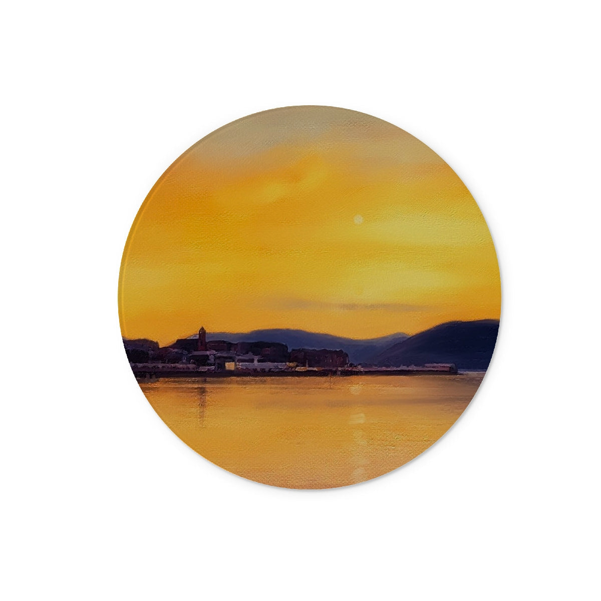Circular coaster featuring a sunset over Cardwell Bay with distant mountains
