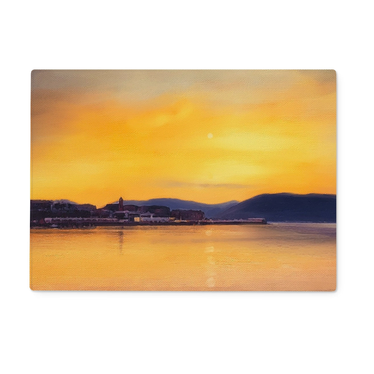 Gourock Sunset From Cardwell Bay glass chopping board featuring a sunset over water and mountains
