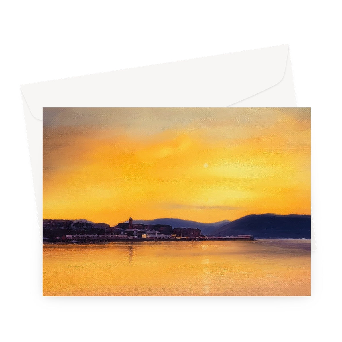 Yellow and orange sunset-themed Gourock from Cardwell Bay greeting card with envelope