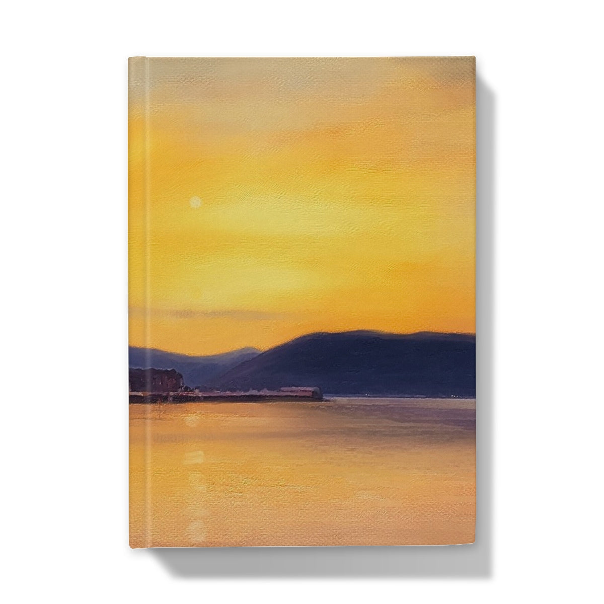 Yellow sunset canvas wall art with mountain silhouette and water reflection