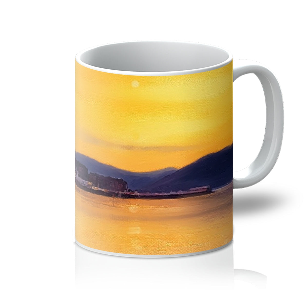 Yellow sunset mug with mountain silhouette design from Gourock Sunset From Cardwell Bay collection