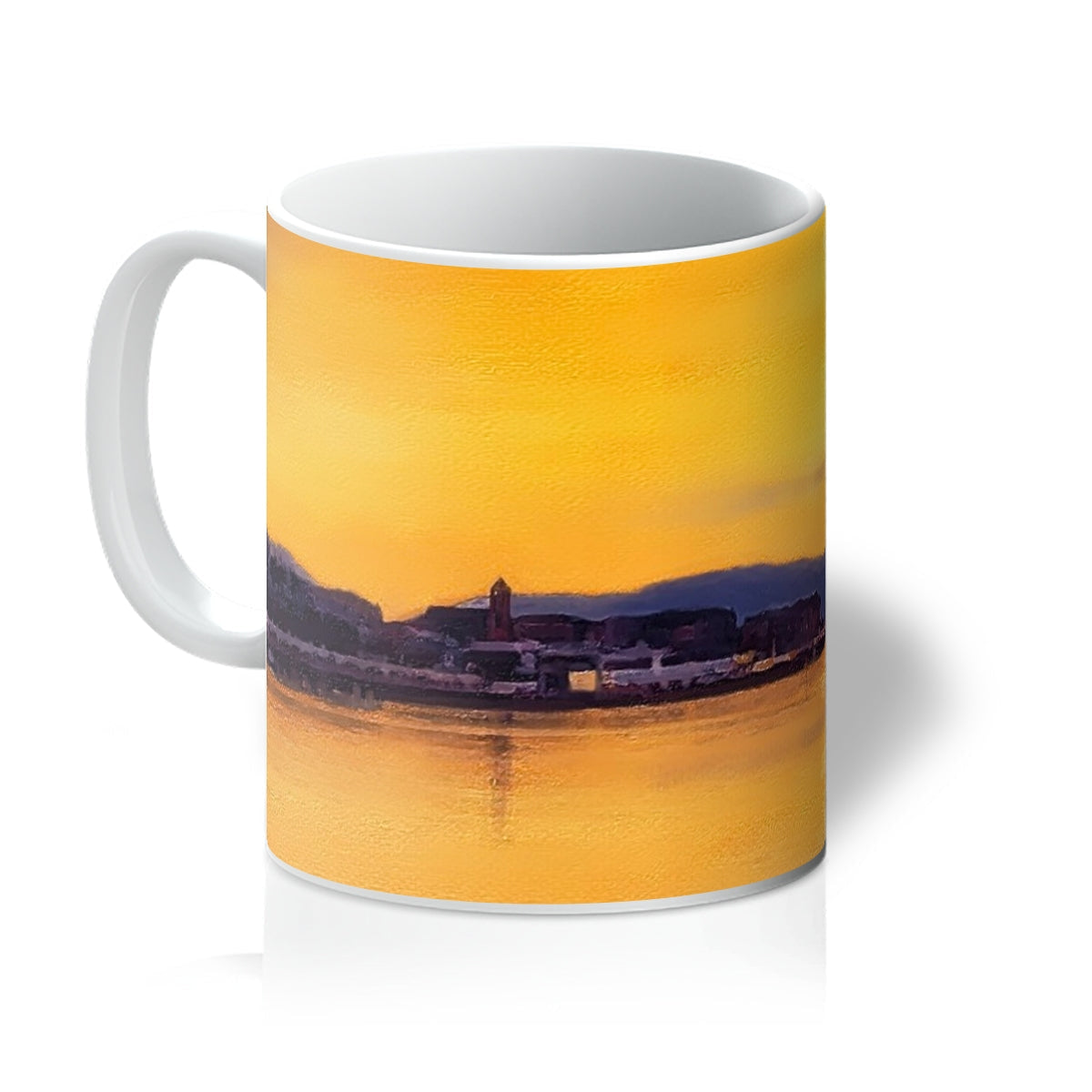 Ceramic Gourock Sunset From Cardwell Bay Mug with sunset landscape in warm yellow and orange hues