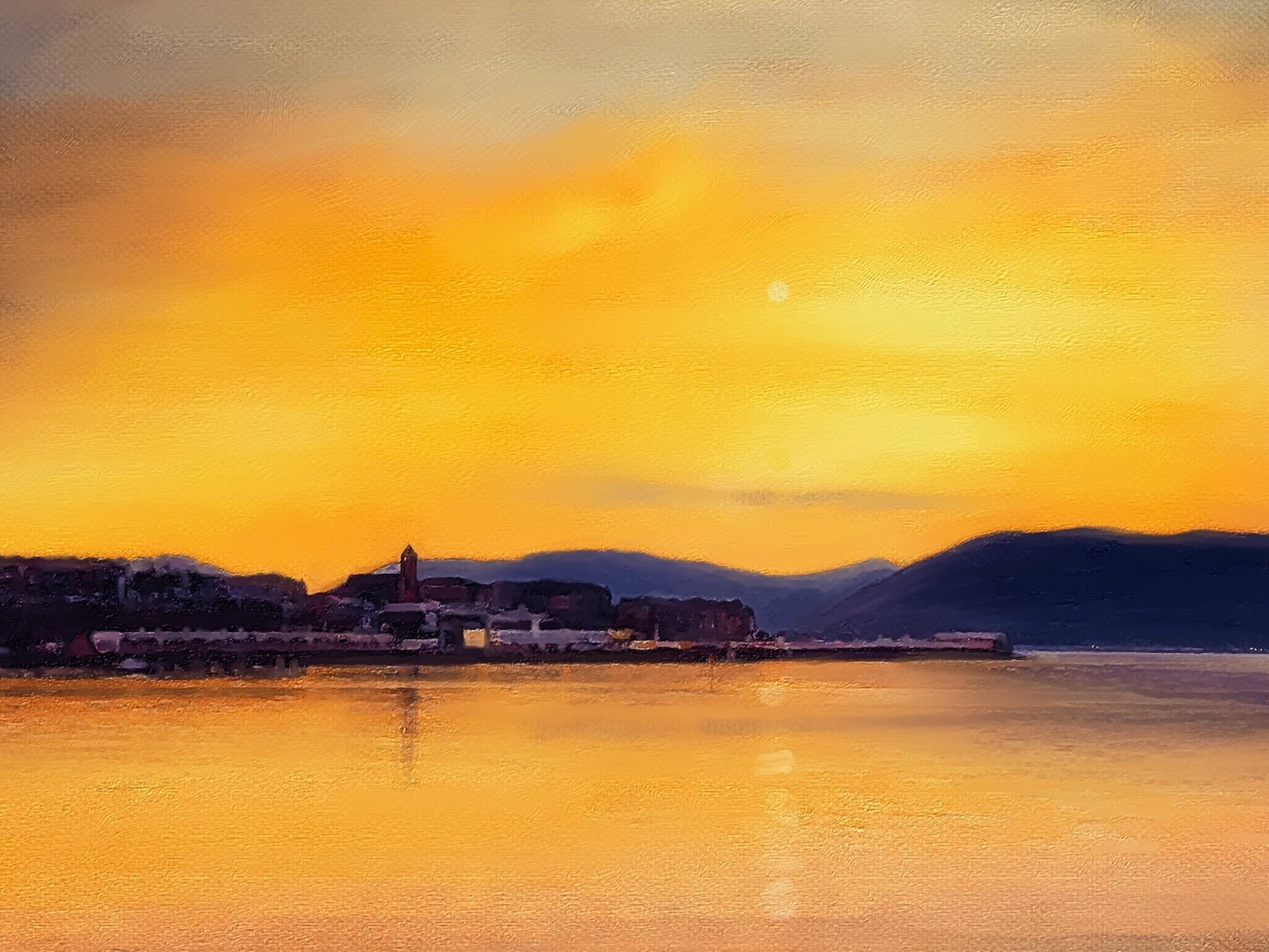 Golden sunset over Gourock coastal town in Cardwell Bay original painting