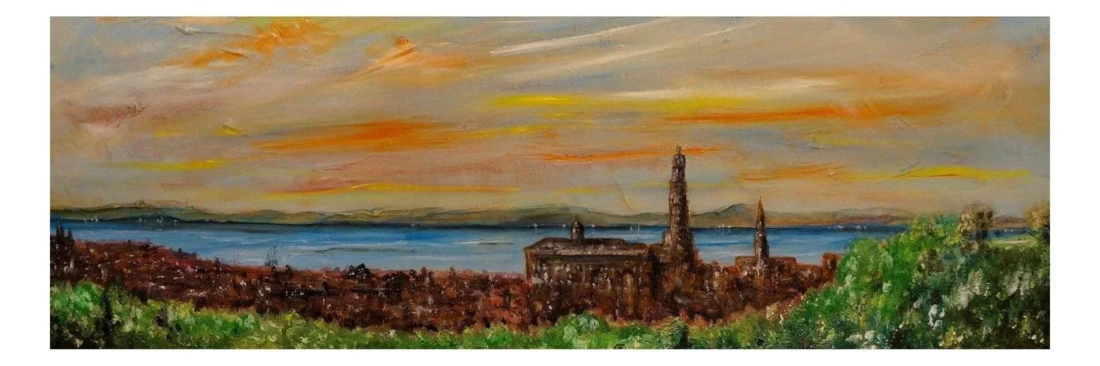 Greenock original panoramic painting: vintage industrial chimney in orange yellow hues