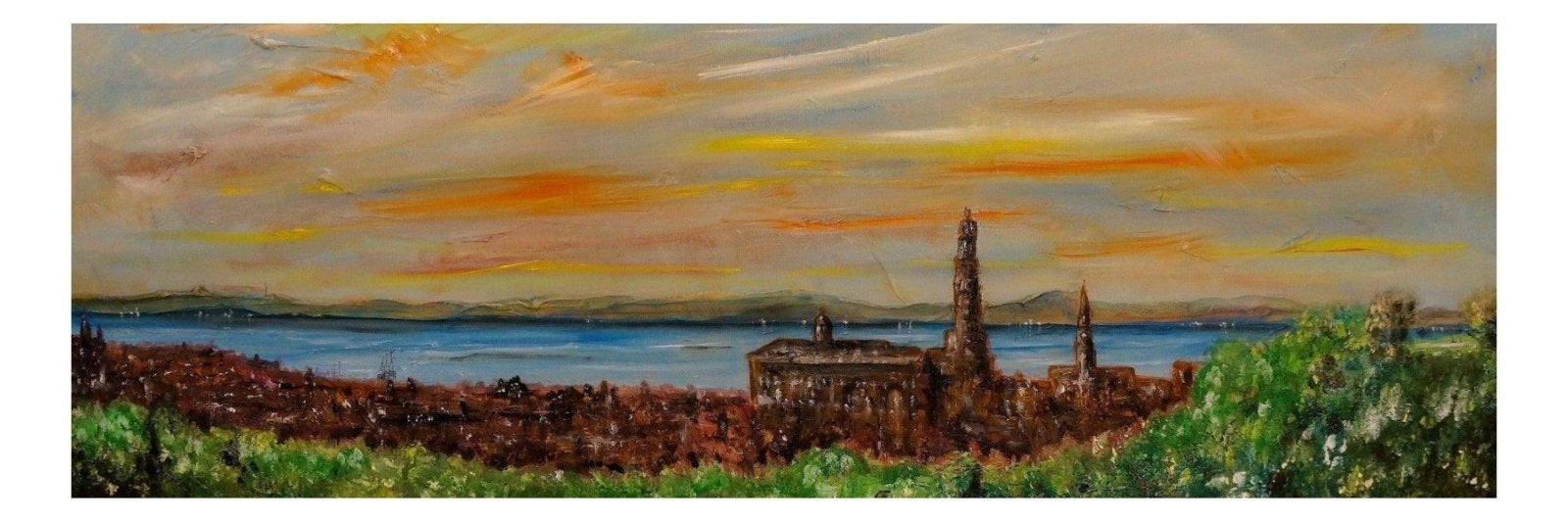 Panoramic oil painting of Greenock coastal town at sunset for Greenock Panoramic Prints