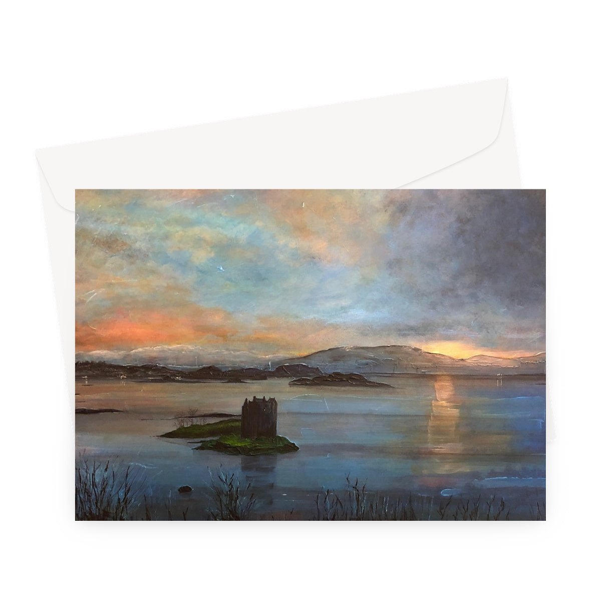 Castle Stalker Twilight Art Gifts Greeting Card-Greetings Cards-Scottish Castles Art Gallery-A5 Landscape-10 Cards-Paintings, Prints, Homeware, Art Gifts From Scotland By Scottish Artist Kevin Hunter