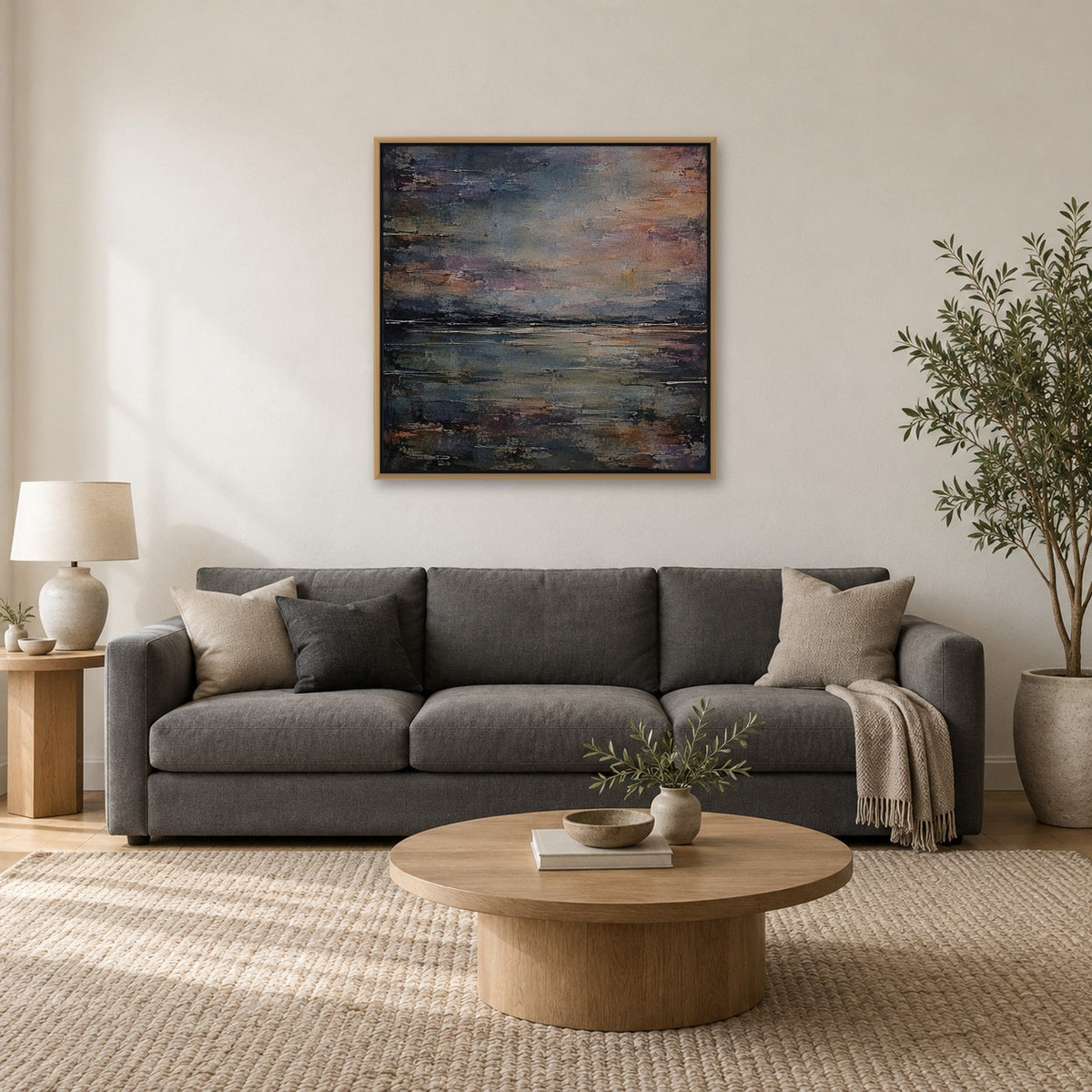 Haar Horizon 32x32 inch canvas print in a natural floating frame above a sofa, shown to scale