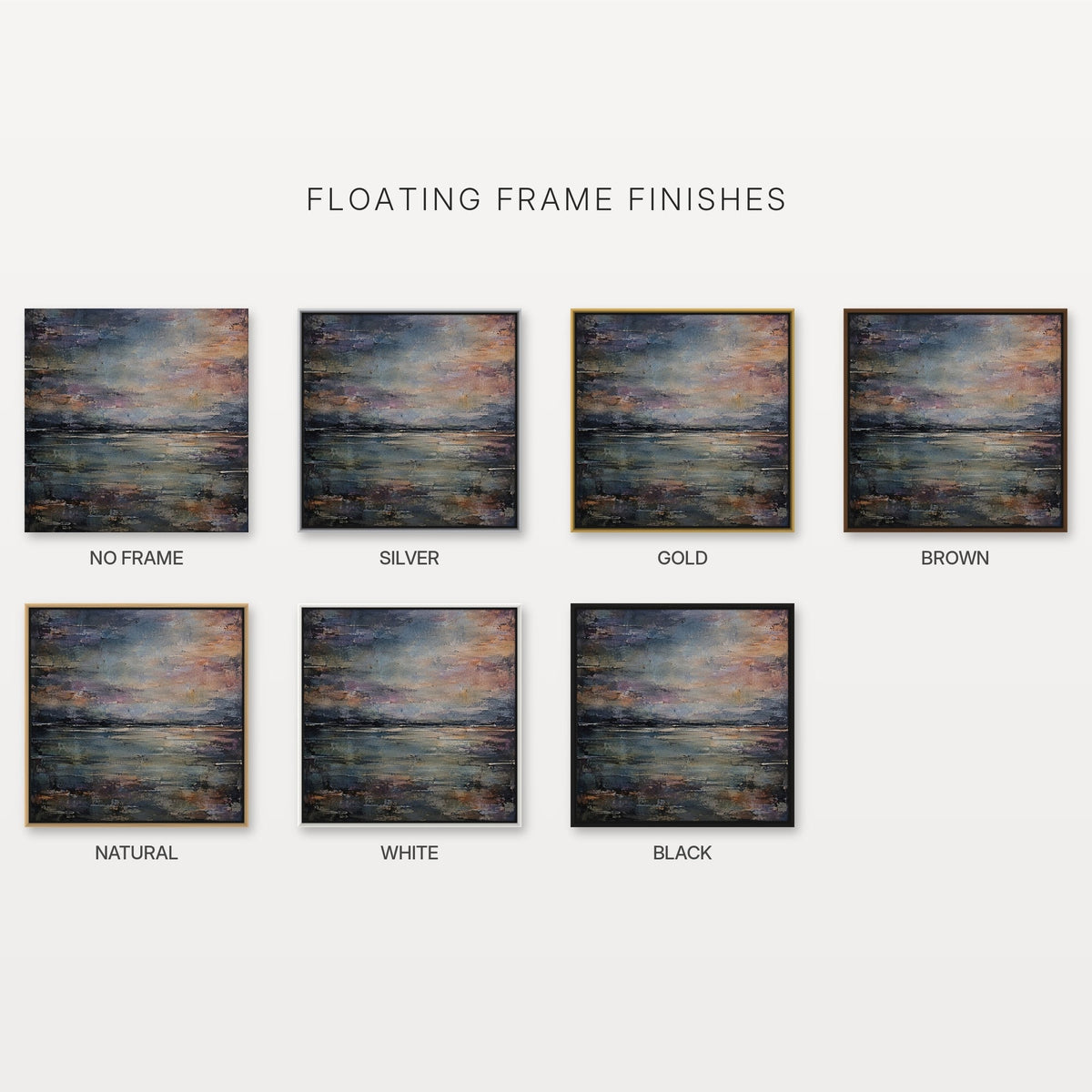 Haar Horizon canvas print frame options: no frame, silver, gold, brown, natural, white and black floating frames