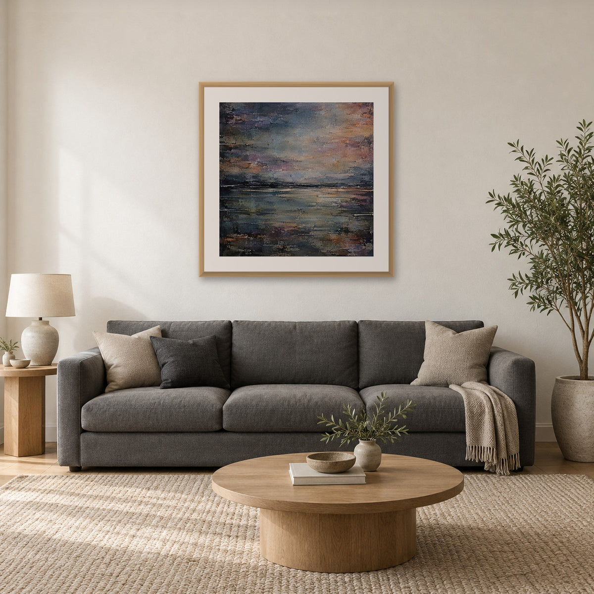 Haar Horizon 28x28 inch framed giclee print in a natural frame above a sofa, shown to scale