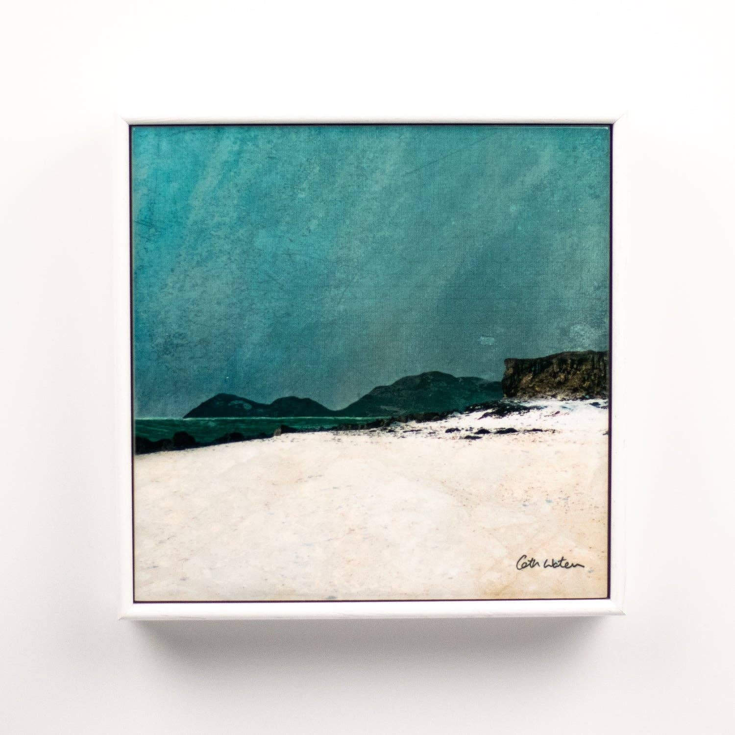 Square framed ceramic art print of snowy Skye coastal landscape by Cath Waters