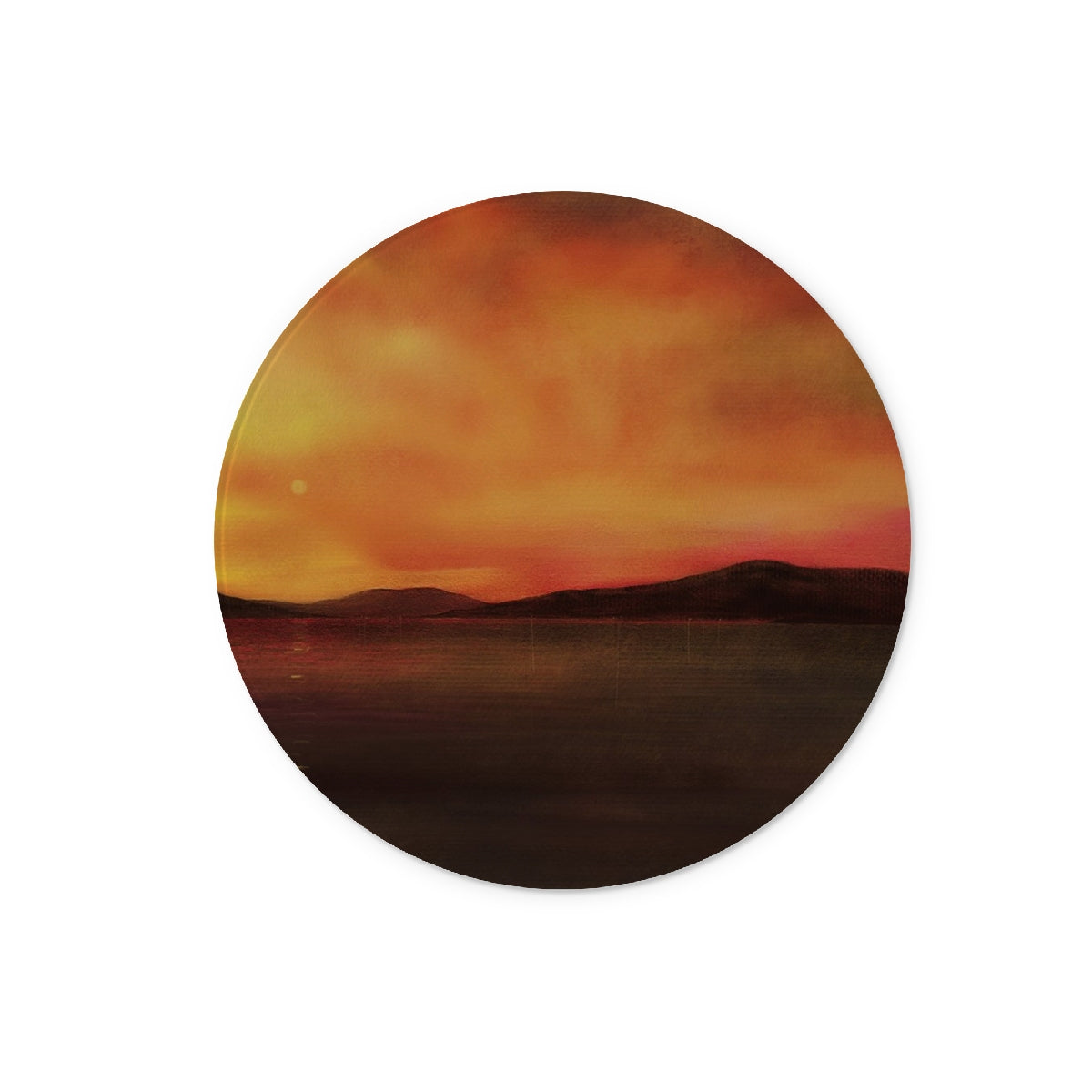 Harris Sunset Art Gifts Glass Chopping Board-Glass Chopping Boards-Hebridean Islands Art Gallery-12" Round-Paintings, Prints, Homeware, Art Gifts From Scotland By Scottish Artist Kevin Hunter