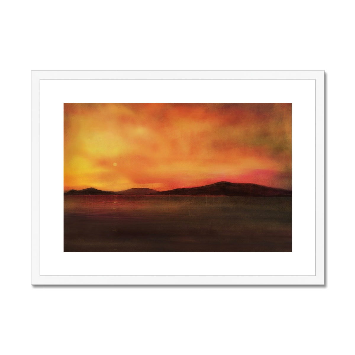 Orange sunset landscape painting in white frame by Harris Sunset Art Prints