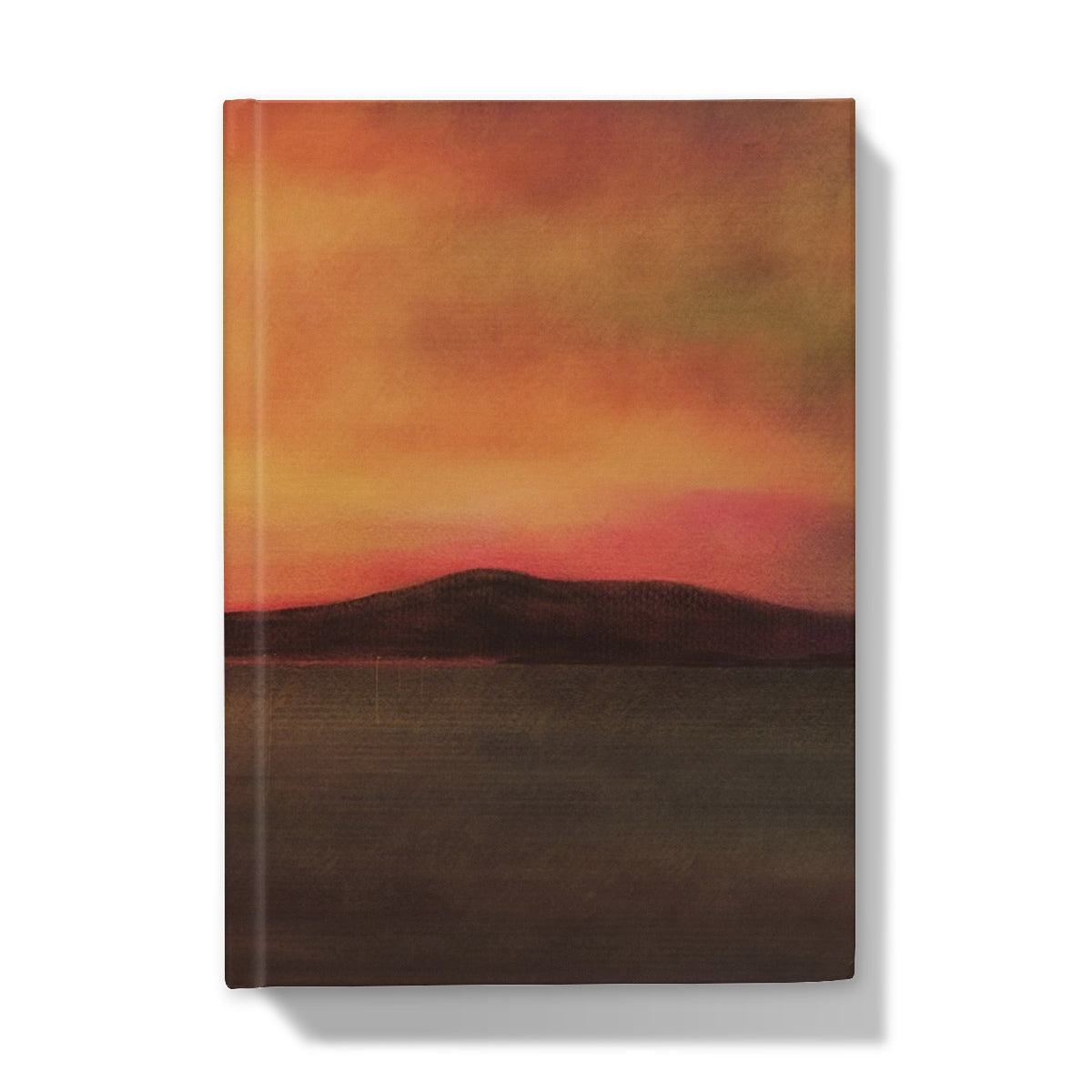 Harris Sunset Hardback Journal with vibrant orange pink canvas sunset painting and distant dark land silhouette