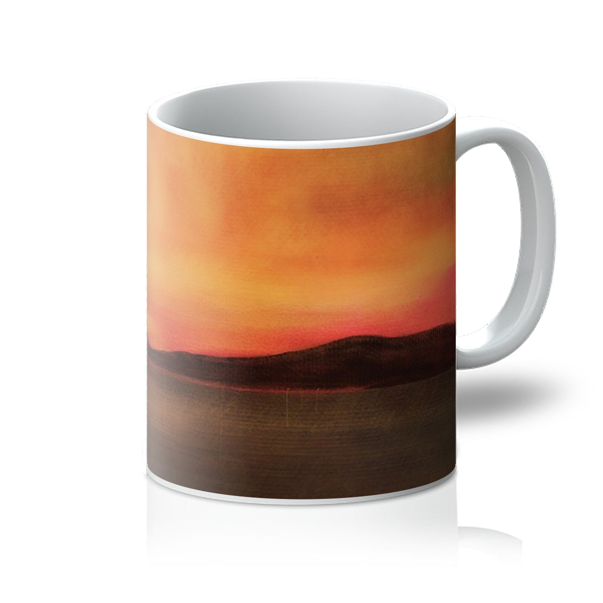 Harris Sunset Mug: Ceramic mug with orange-yellow sunset and brown landscape silhouette