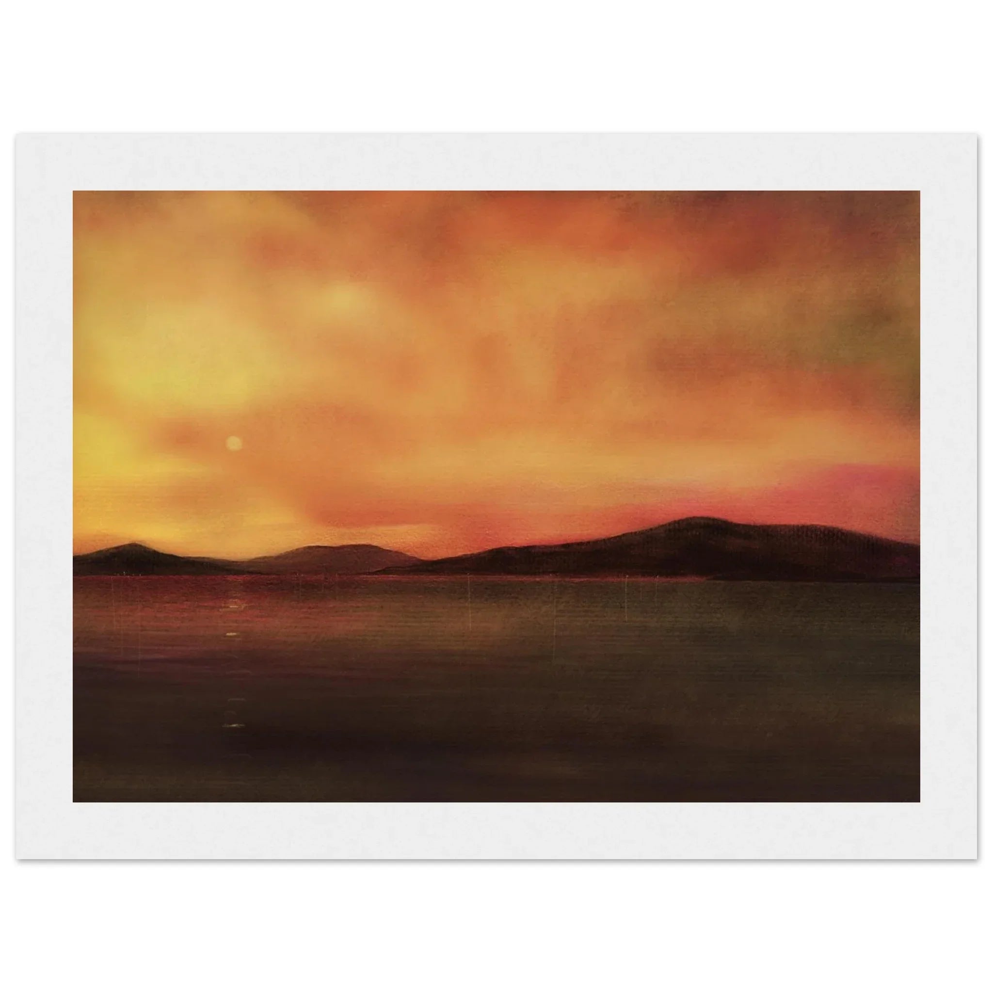 Framed Harris Sunset painting of serene Scottish sunset over water