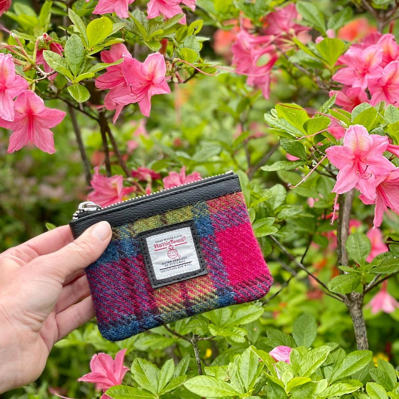 Harris Tweed coin purse blue pink check with leather trim