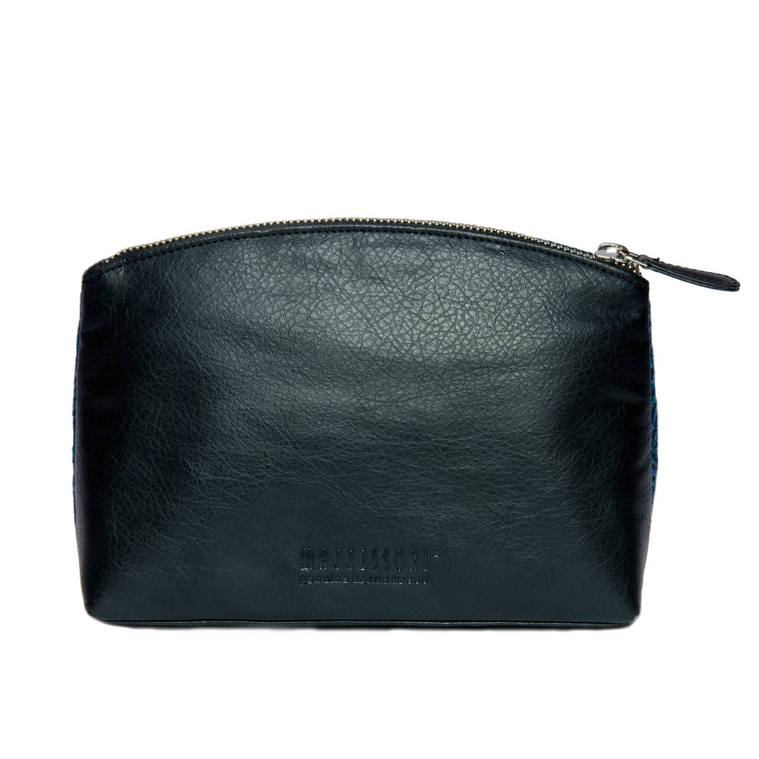 Black leather textured cosmetic bag with silver zipper, Harris Tweed Saffron by Maccessori