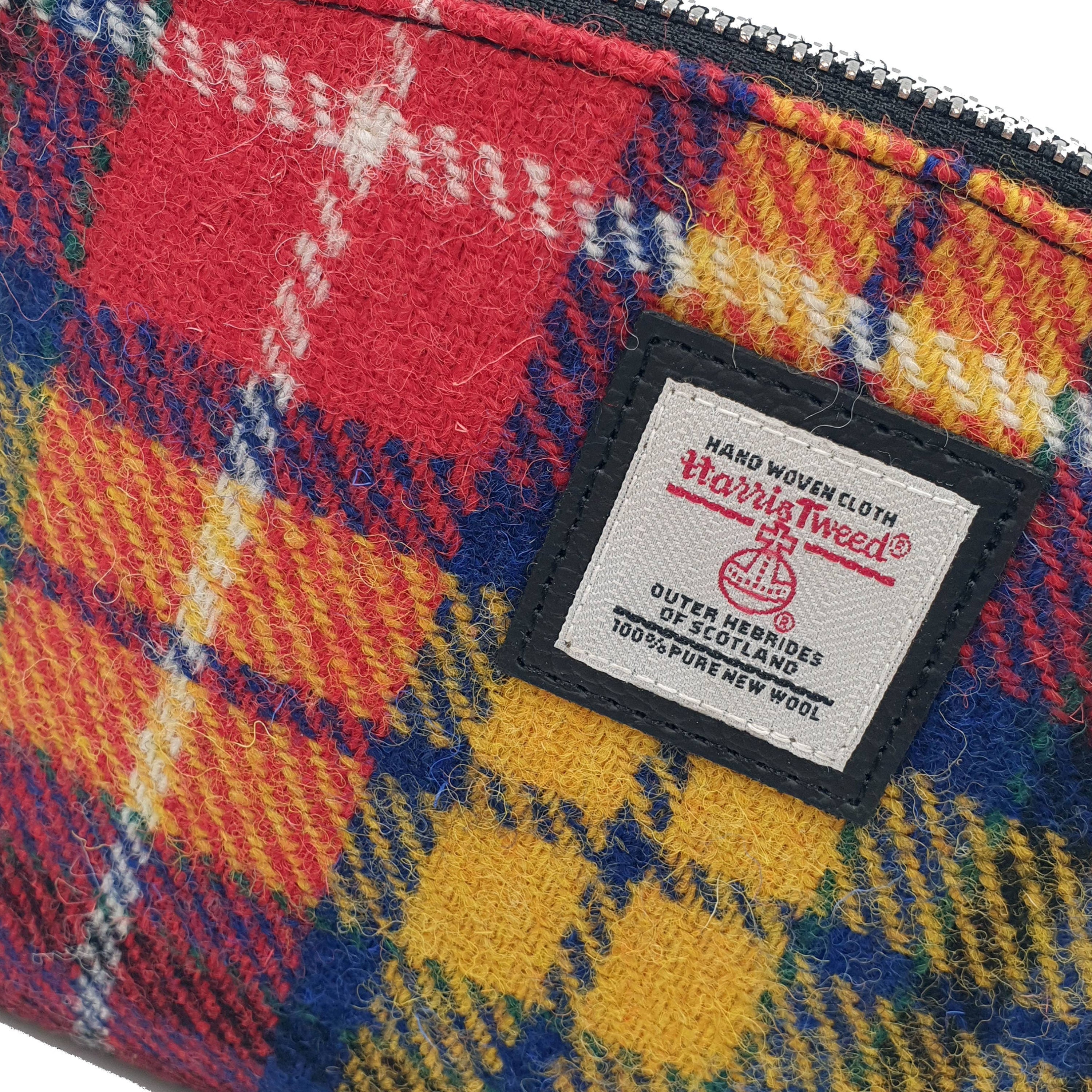 Vibrant multicolored plaid Harris Tweed cosmetic bag with black zipper