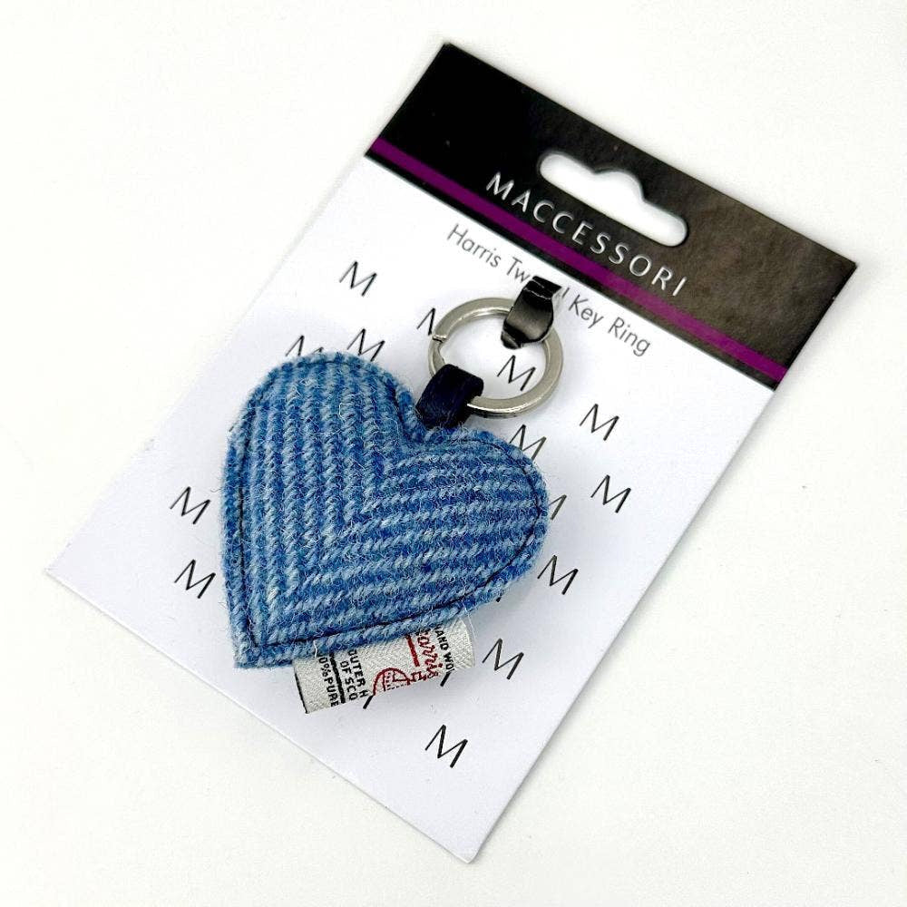 Harris Tweed Heart Keyring in sky blue, tweed fabric heart with silver ring and leather strap