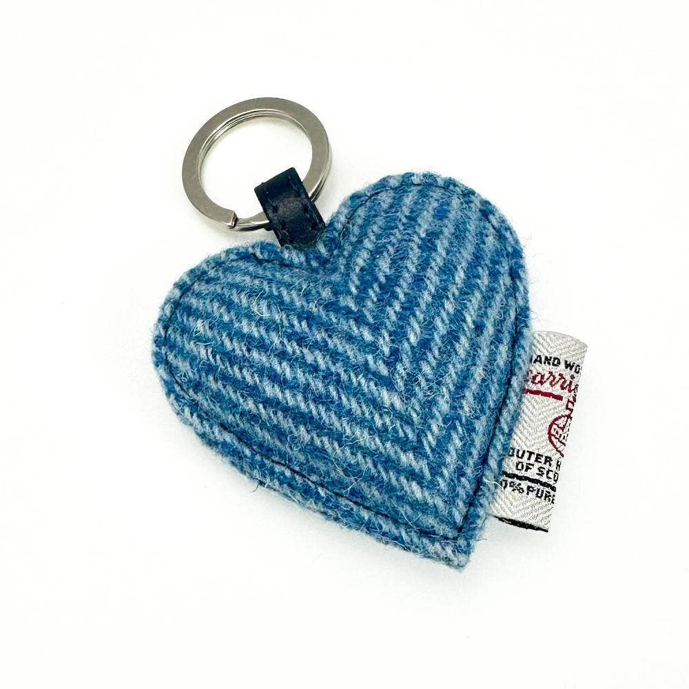 Harris Tweed Heart Keyring Sky Blue herringbone wool with silver ring