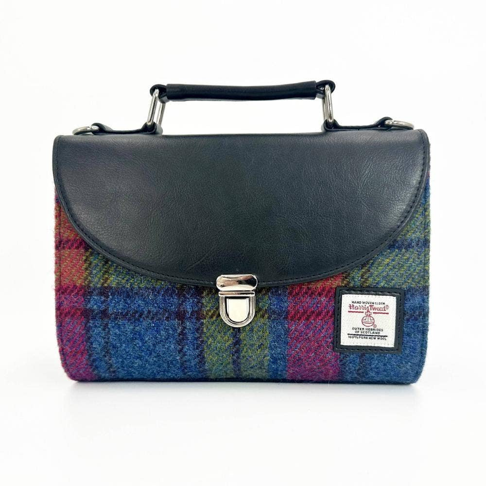 Harris Tweed ladies mini day satchel bag in vibrant blue pink check plaid with black leather flap and silver clasp