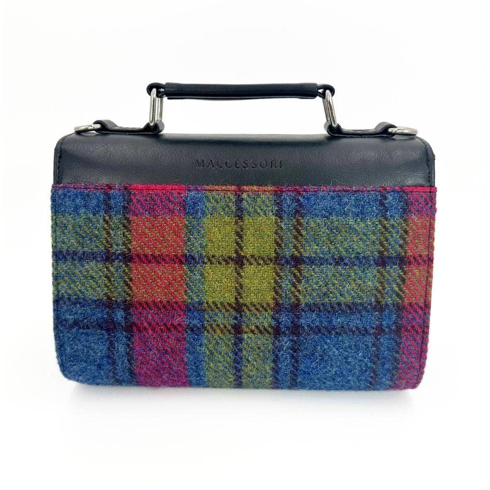 Vibrant blue pink check Harris Tweed mini day satchel bag by Maccessori