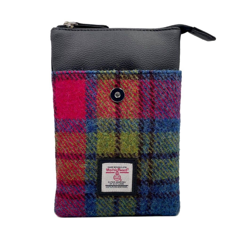 Harris Tweed mini crossbody bag in blue pink check with leather top and zipper