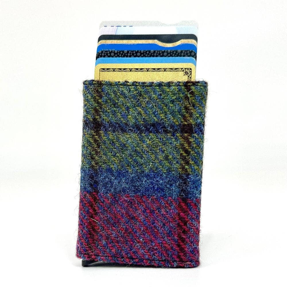 Compact Harris Tweed pop-up card holder in blue pink check pattern