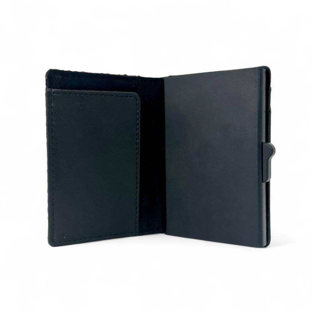 Harris Tweed RFID charcoal herringbone pop-up wallet, black leather back with magnetic closure