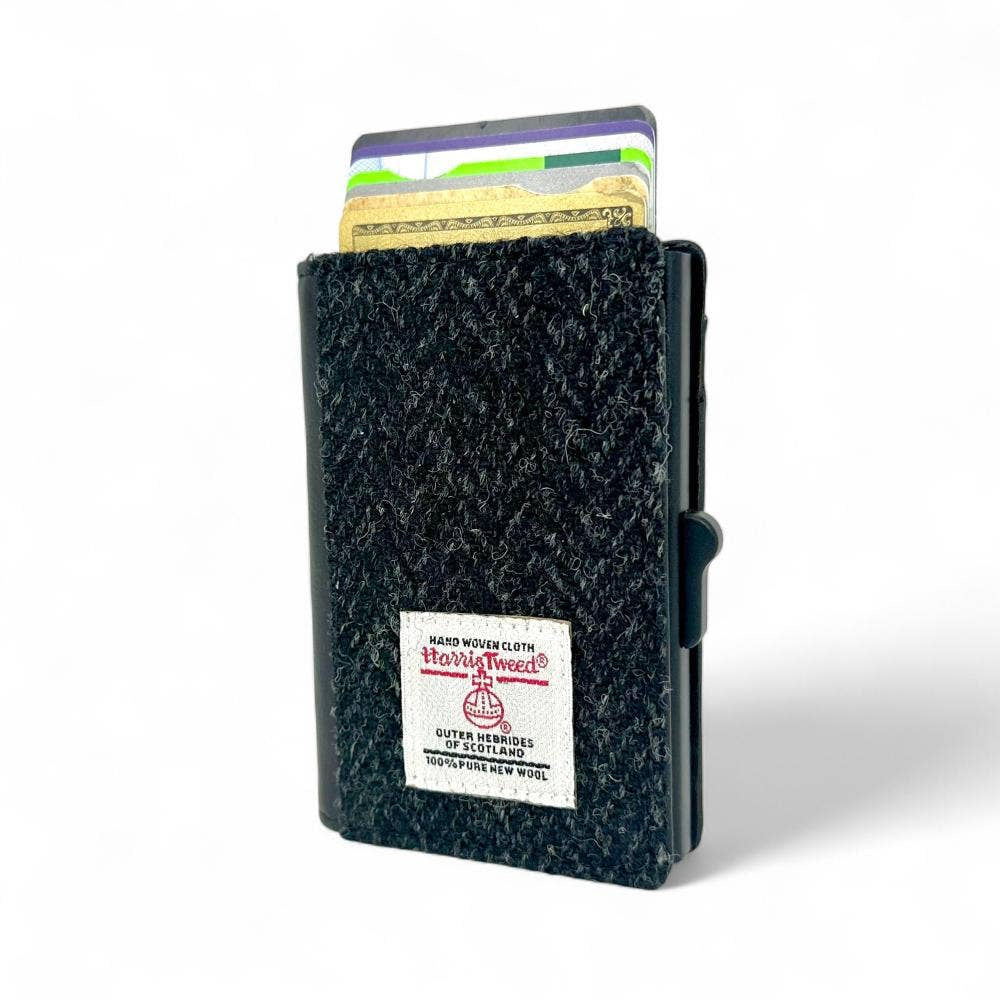 Harris Tweed RFID Pop Up Card Wallet in Charcoal Herringbone black tweed back