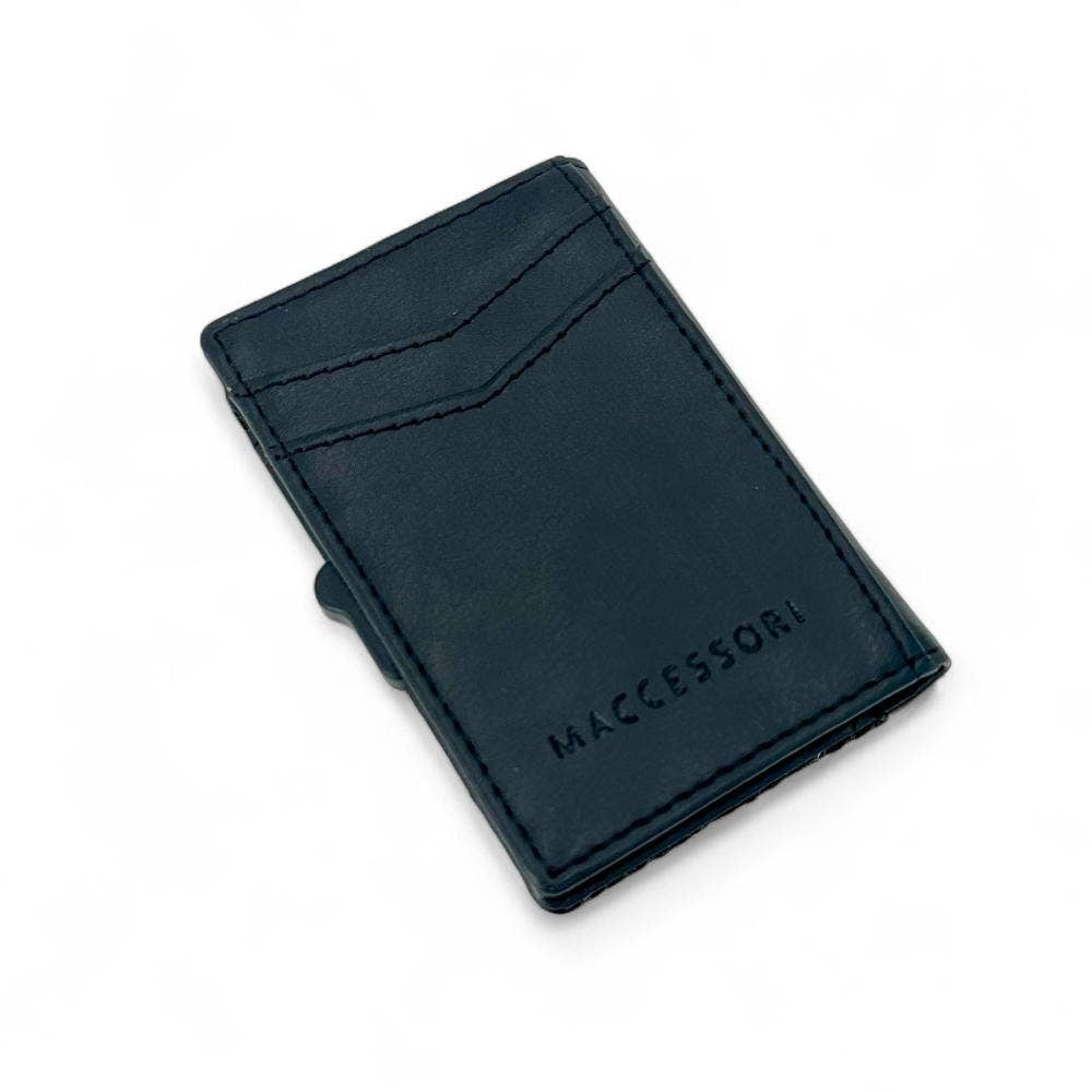 Charcoal Harris Tweed RFID pop-up wallet with maccessori embossed front