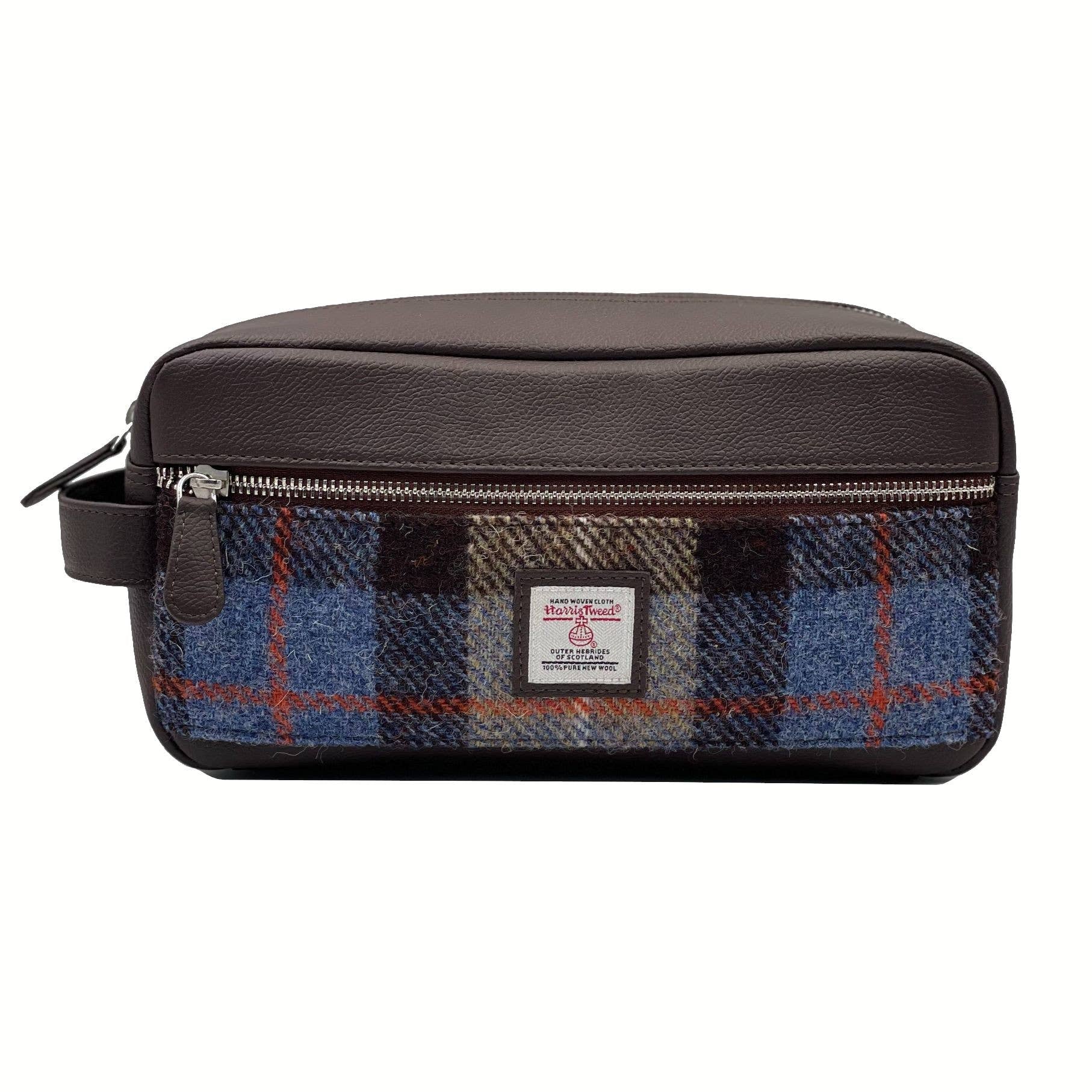 Harris Tweed blue brown check toiletry bag with brown leather trim