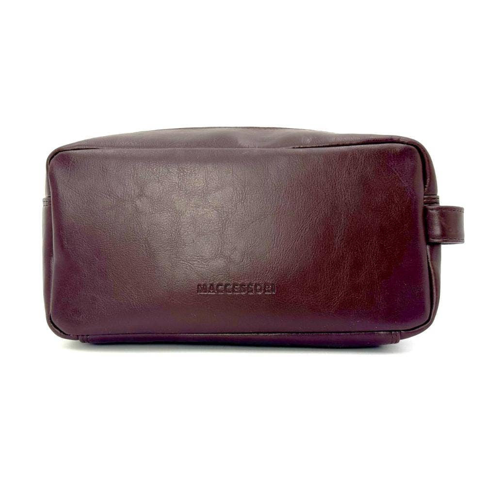 Rich burgundy leather toiletry bag with embossed Maccessori logo and handle
