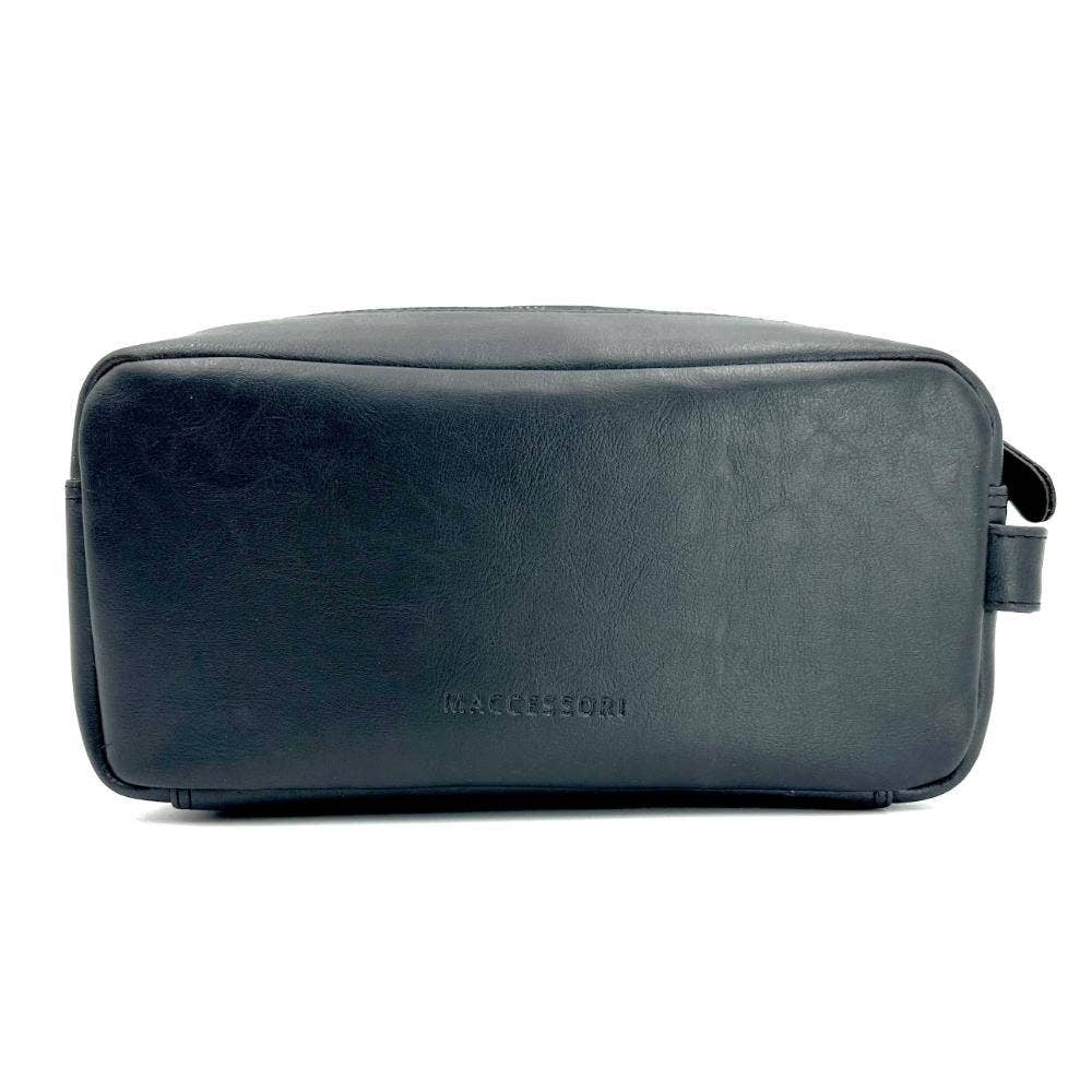 Charcoal Harris Tweed toiletry bag with black leather and embossed brand
